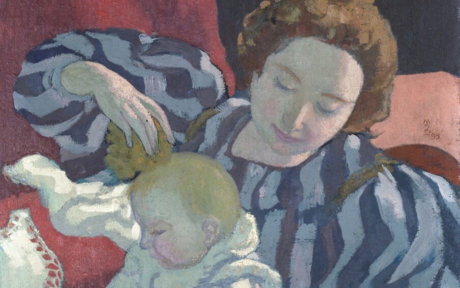 Painting of a woman with red hair up in a bun and wearing a blue and white striped dress, washing a baby in a white gown