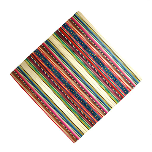 A colorful woven, striped square of a fabric.