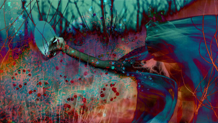 Layered video still with a person dancing, plants, and psychedelic colors and shapes