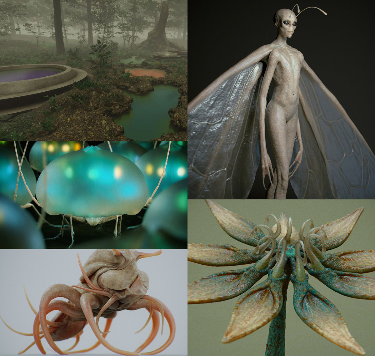 Grid of five images from inside the virtual reality world of Symbiosis: imaginary plants, animals, and an alien-like being with wings