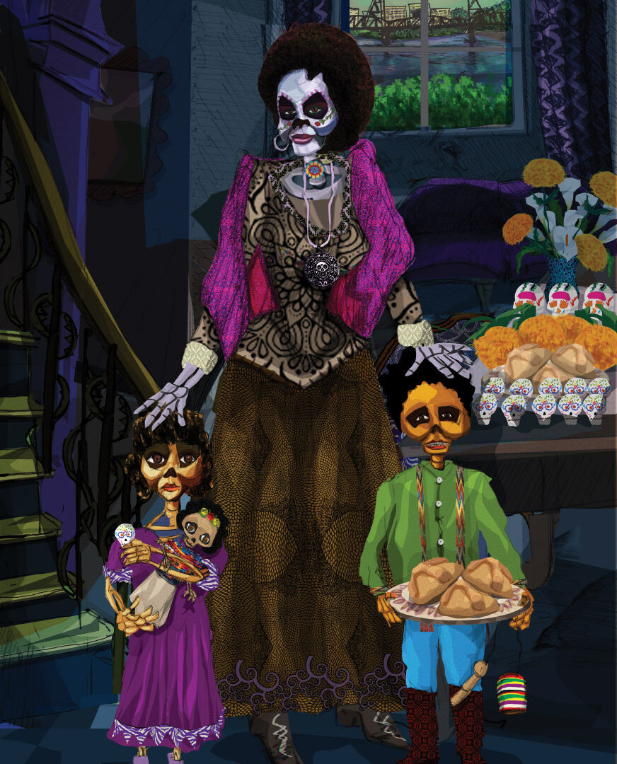 Painting of a skeleton woman with a fancy dress and a purple shawl standing with her hands on the heads of two skeleton children—a girl in a purple dress holding a skeleton doll and a boy in a bright green shirt and blue pants holding a plate of pastries. Behind them is an altar with marigolds and sugar skulls.