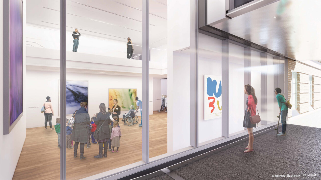Architectural rendering of the wall of windows into the Jubitz Center for Contemporary Art as see from the community passageway.