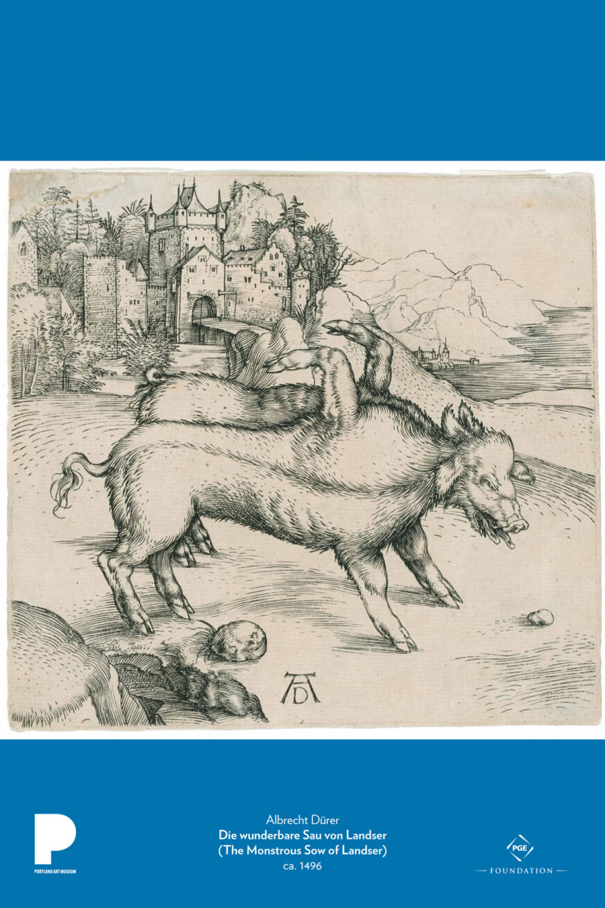Albrecht Dürer (German, 1471 – 1528)
Die wunderbare Sau von Landser (The Monstrous Sow of Landser), ca. 1496
Engraving on antique laid paper
Plate: 4 3/4 x 5 in.
The Mark Adams and Beth Van Hoesen Art Collection
Public domain
2007.59.2