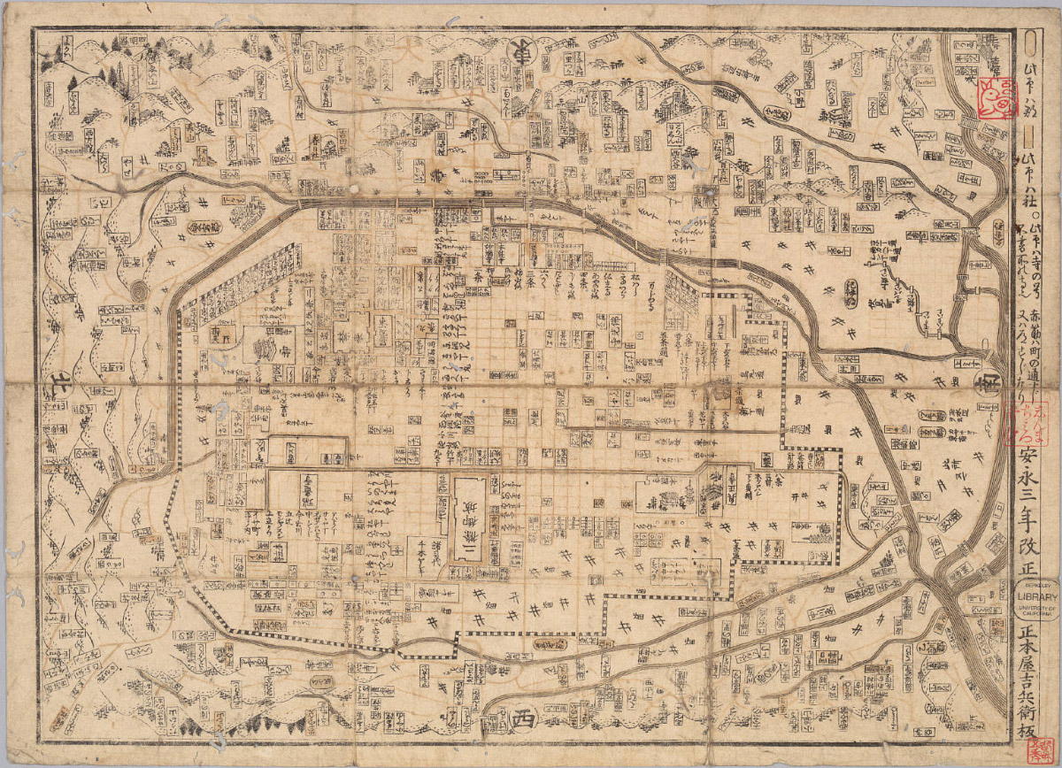 Image of Kyoto in 1774 by Kichibe Kohonya (likely where & approximately when Buson made this work). Source: UC Berkeley Japanese Historical Maps database
