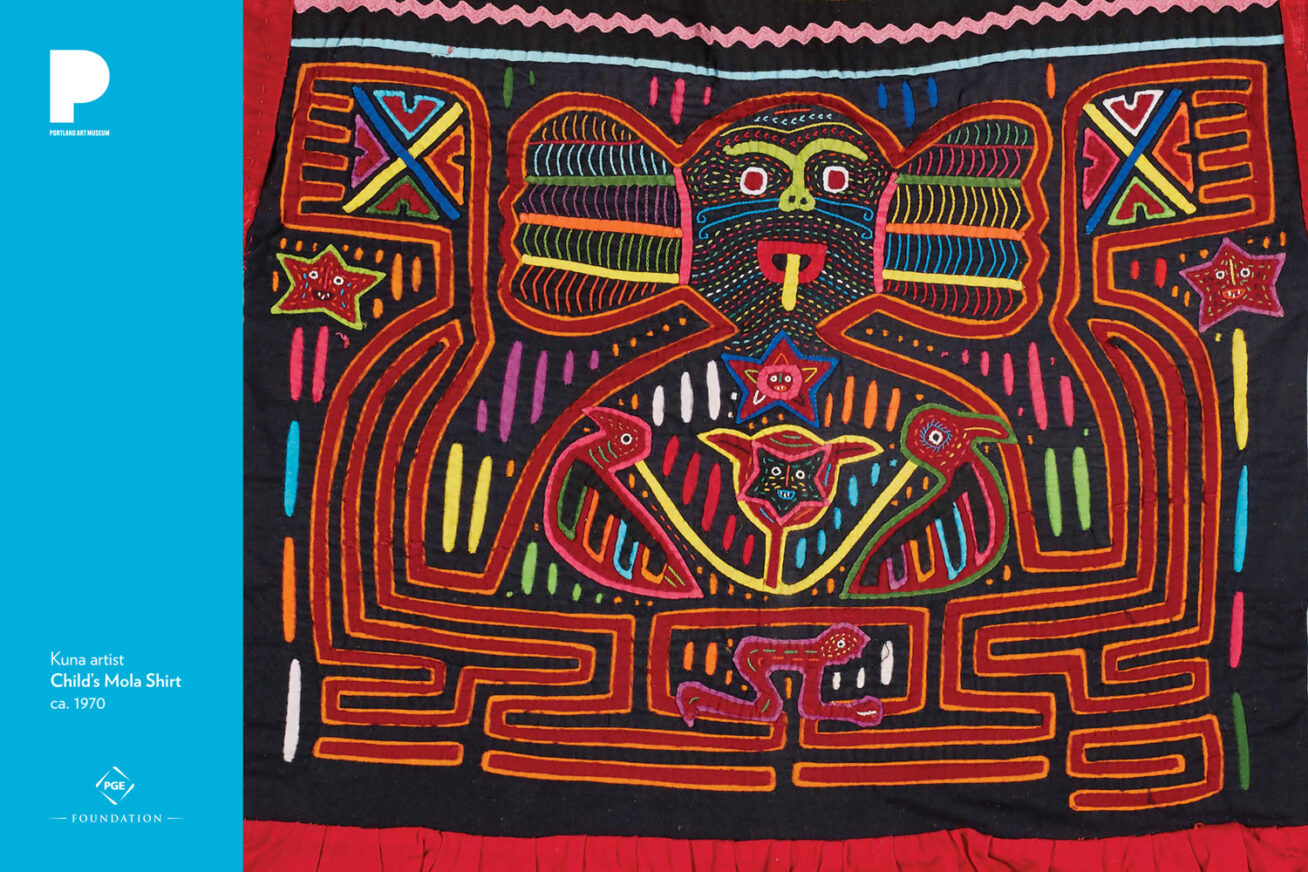 Kuna artist
Child’s Mola Shirt, ca. 1970
Cotton and synthetic fabric
20 x 23 inches
Gift of an anonymous donor
2016.3.1