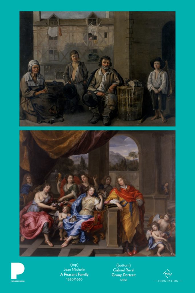 Poster with images of Jean Michelin's "A Peasant Family" on the top and Gabriel Revel's "Group Portrait" on the bottom