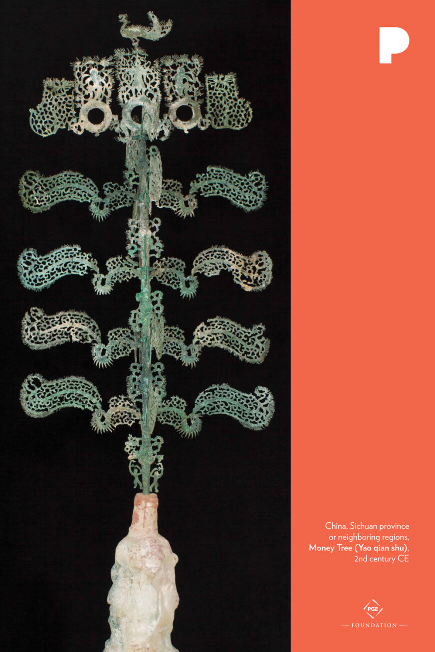 China, Sichuan province or neighboring regions
Money Tree (Yao qian shu), 2nd century CE
bronze tree; earthenware base with calcified green lead glaze
52 x 22 x 19 1/2 inches
The Arlene and Harold Schnitzer Collection of Early Chinese Art
2004.114.9A–C