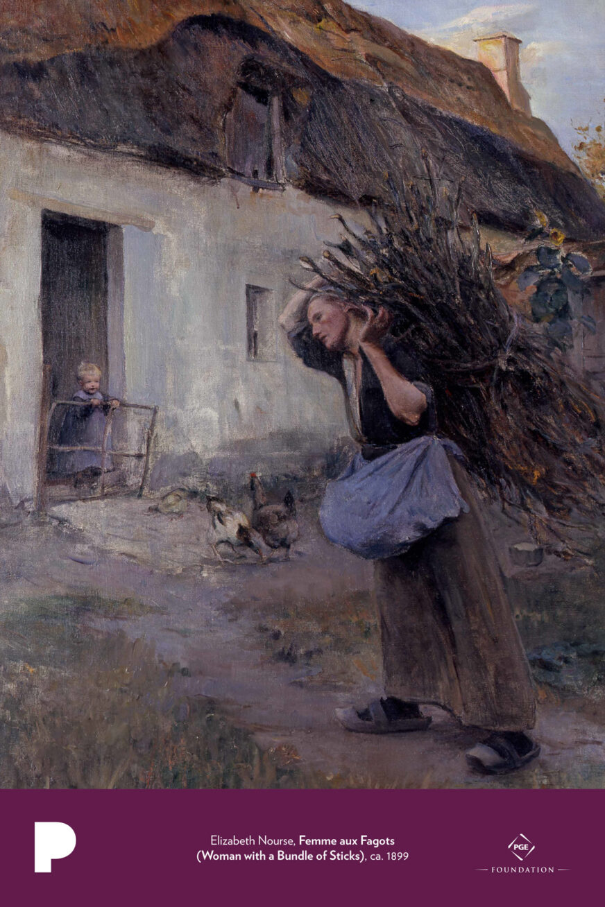 Elizabeth Nourse (American, 1859–1938)
Femme aux Fagots (Woman with a Bundle of Sticks), ca. 1899
oil on canvas
46 x 32 1/2 inches
Gift of Mrs. Ineze Miller
69.71