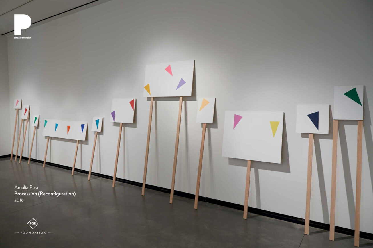 Amalia Pica (Argentine, born 1978)
Procession (Reconfiguration), 2016
Acid free paper, acrylic, wood
91 x 290 inches
Museum Purchase: Contemporary Art Purchase Fund
© Amalia Pica
2017.2.1a–k