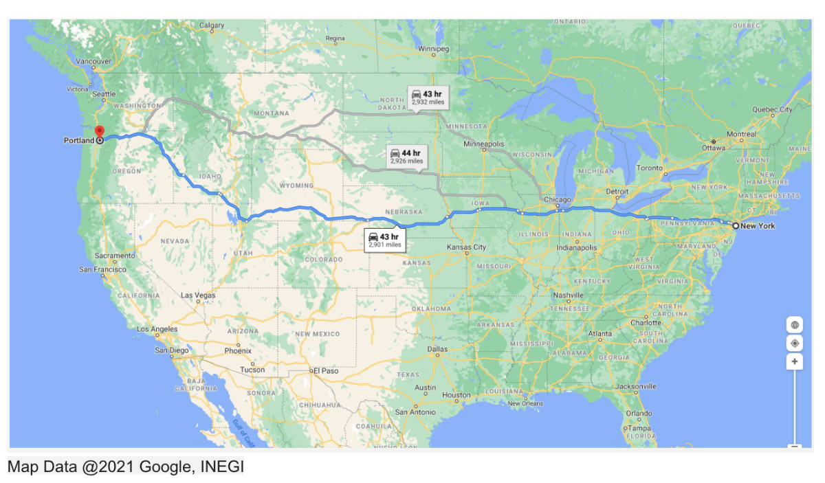 Map of United States with a route drawn from New York to Oregon