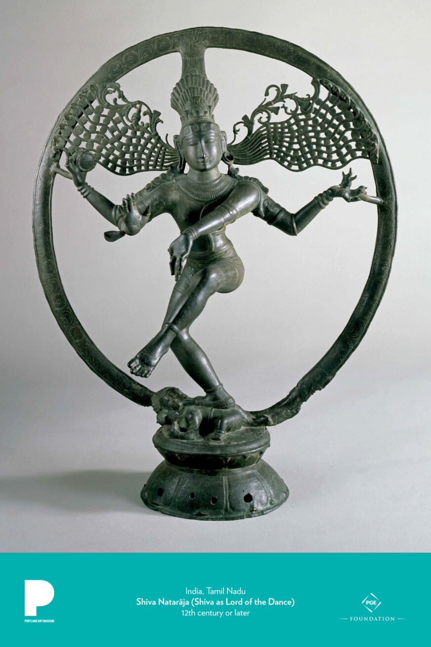 Southern India, Tamil Nadu
Shiva Natarāja (Shiva as Lord of the Dance), 12th century or later
Copper alloy
36 1/2 inches high x 29 1/4 inches wide x 15 1/2 inches deep
Museum Purchase: Helen Thurston Ayer Fund
Public domain
56.12