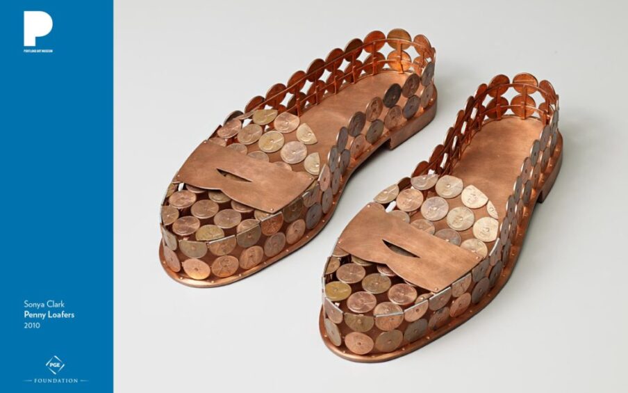 Sonya Clark (American, born 1967) Penny Loafers, 2010 Copper and pennies Each: 2 1/8 x 11 x 4 inches Museum Purchase: Funds provided by Barbara Christy Wagner 2017.76.1a,b