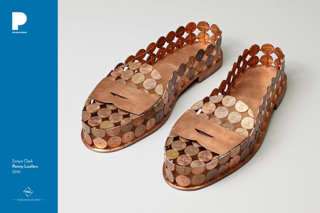 Sonya Clark (American, born 1967)
Penny Loafers, 2010
Copper and pennies
Each: 2 1/8 x 11 x 4 inches
Museum Purchase: Funds provided by Barbara Christy Wagner
2017.76.1a,b