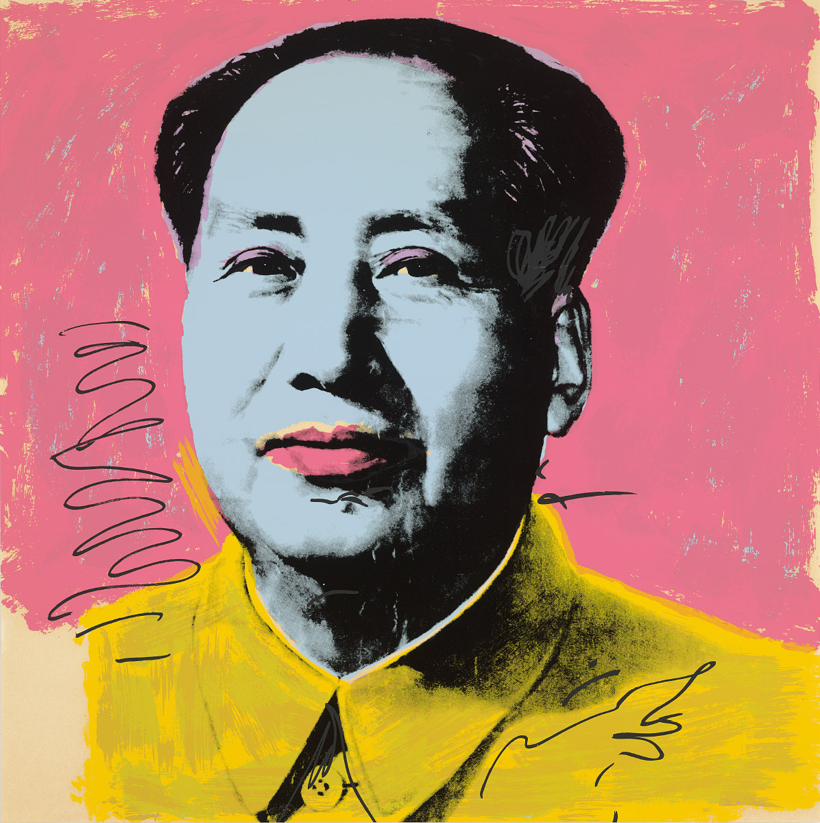 Screenprint of Mao in pink, blue, and orange