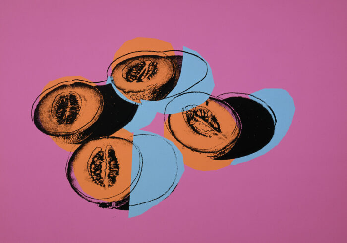 Screenprint of cantaloupes in pink, orange, and blue