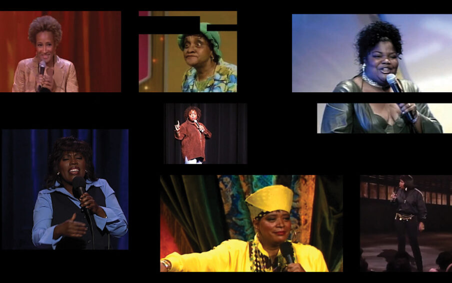 Collage of seven Black female comedians on stage