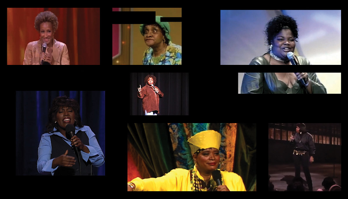 Collage of seven Black female comedians on stage