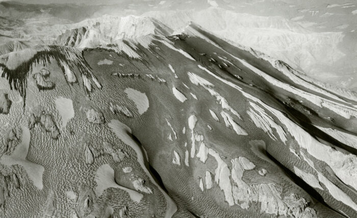 Emmet Gowin American, born 1941 Ash over New Snow, The South Flank of Mount St. Helens, Washington, 1983 [MSH 3003] Toned gelatin silver print ©Emmet Gowin, Courtesy of Pace/MacGill, New York