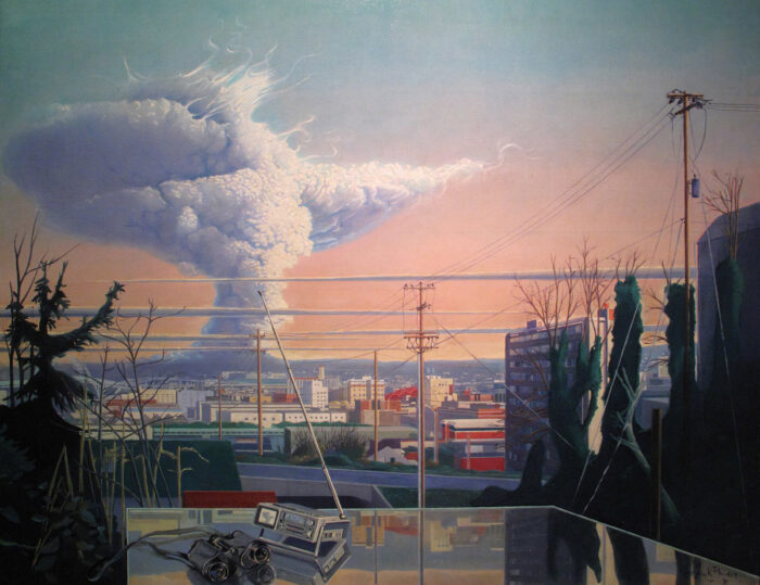Henk Pander (American, born The Netherlands, 1937), Eruption of Saint Helens from Cable Street, 1981 (a/k/a View of Portland), Oil on linen, 54 x 64 inches, City of Portland, courtesy of the Regional Arts and Culture Council.