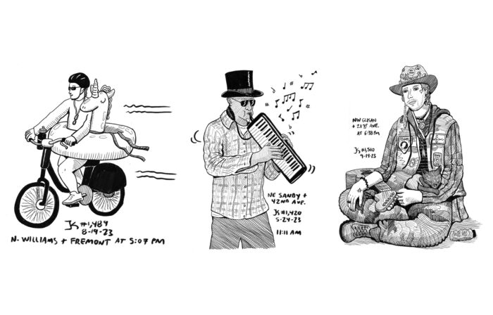 Black and white sketches of three people: riding a bike, playing a melodica, and sitting cross legged