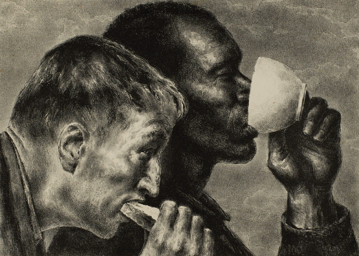 Print of a white man eating a piece of bread and a Black man drinking from a coffee cup