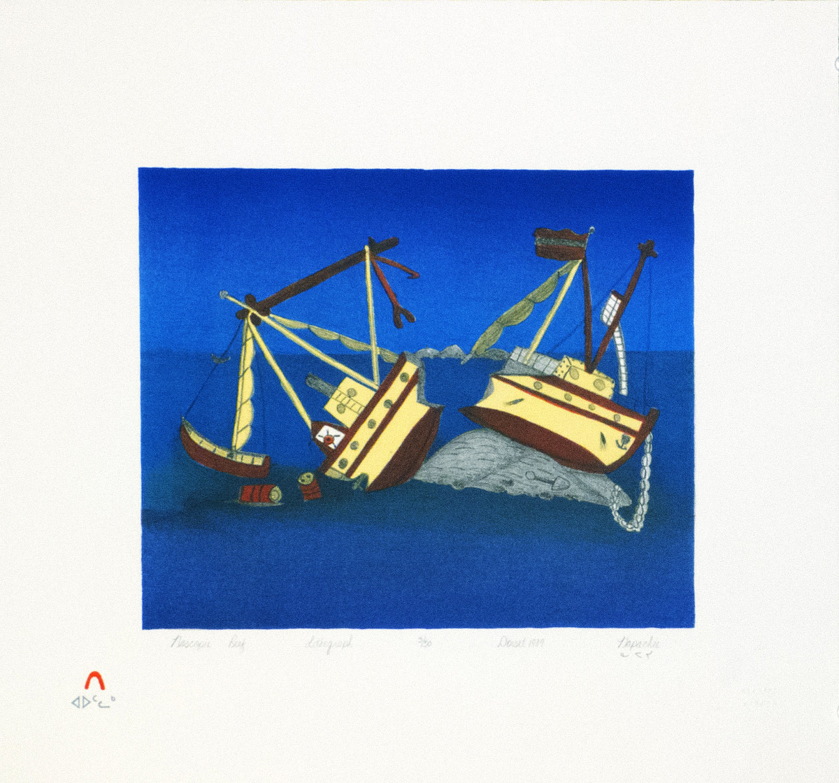 Napachie Pootoogook (Inuit, 1938 – 2002), Nascopie Reef, 1989. Lithograph, 17 x 19 inches. Edward J. Guarino Collection, Yonkers, New York.