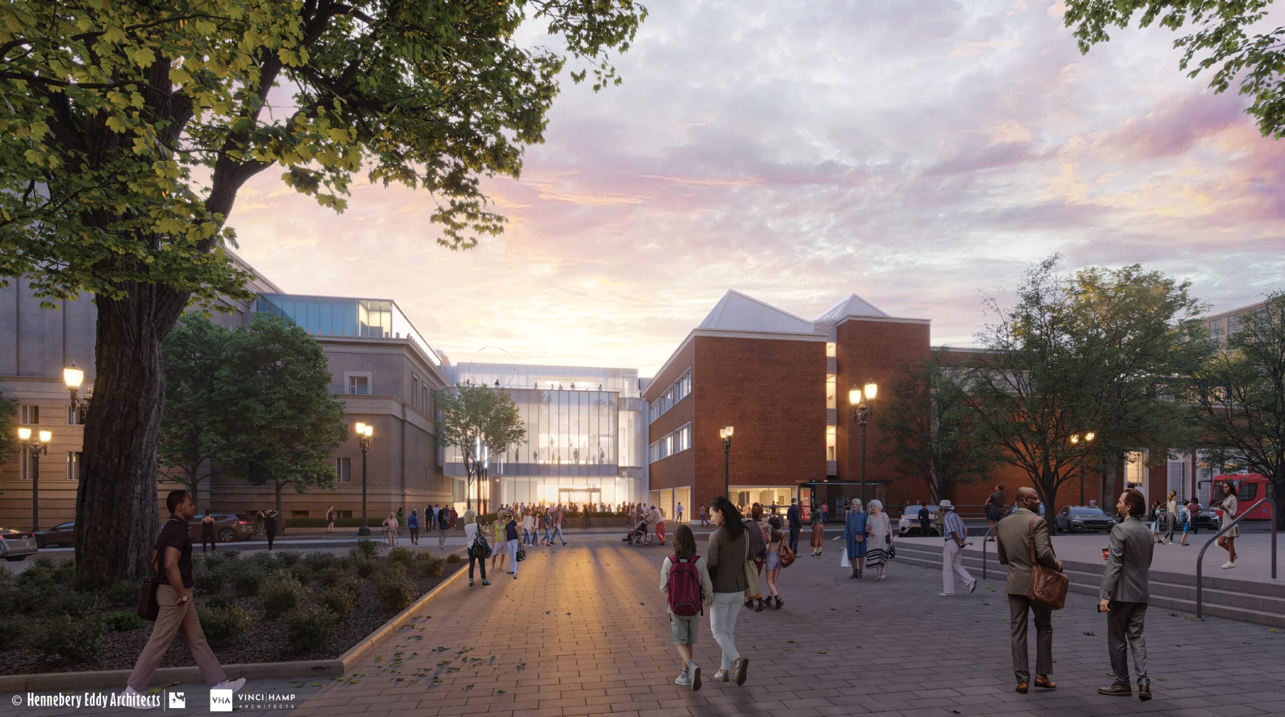 Architectural rendering of the new Rothko Pavilion at dusk as seen from the east side of 10th Avenue.