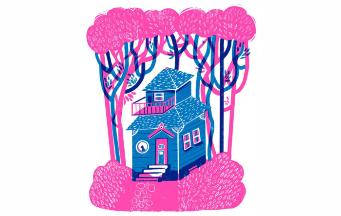 Illustration of a blue and pink house surrounded by pink trees and grass