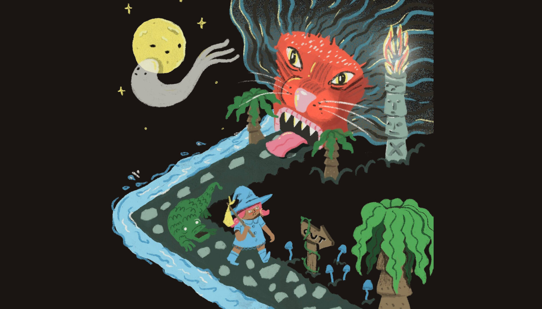 Illustration of a red-faced lion-like creature with fangs and a road leading into its mouth. On the path a girl with pink hair and a blue dress and witch's hat is being followed by a green crocodile. A black background has yellow stars, a yellow moon, and a ghost floating by the moon.