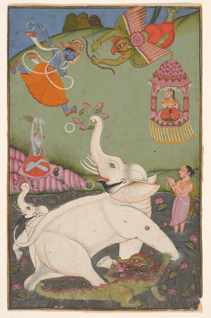 Watercolor of elephant, goddesses, and gods