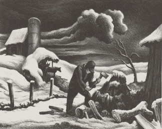 Black and white print of a person chopping wood