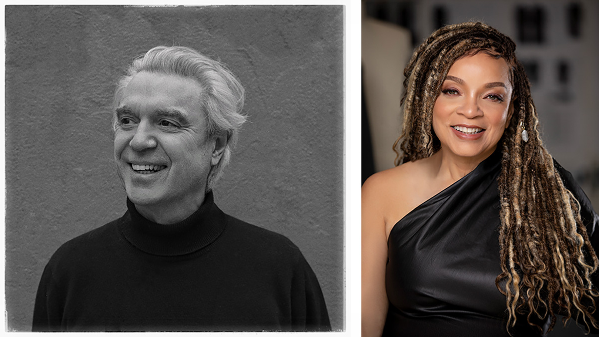 Black and white photo of David Byrne and a full color photo of Ruth Carter