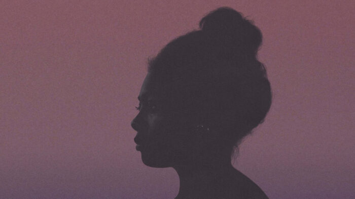 Photo of a woman's profile with her hair in a bun in the evening