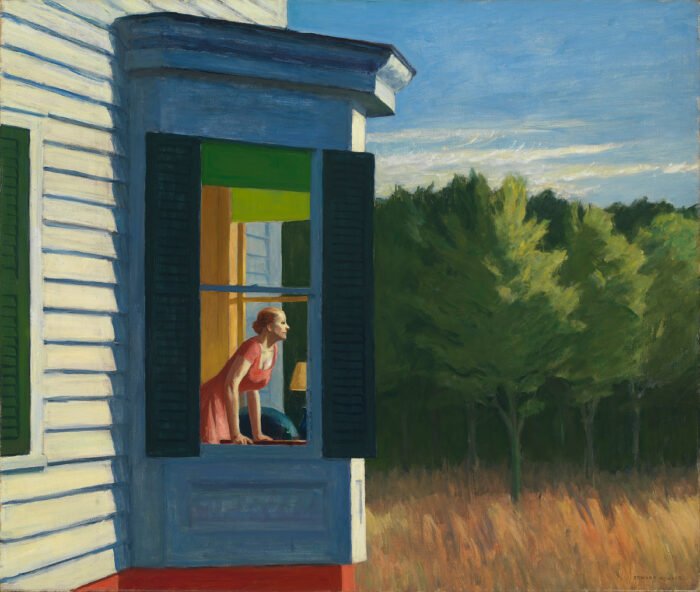 Painting of a woman looking out a window of a white house. Outside the sky is blue and green trees and light brown and red grass.