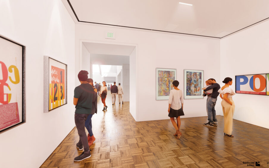 Rendering of one of the new Rothko Pavilion galleries with framed art hanging on white walls and people walking around looking at the art