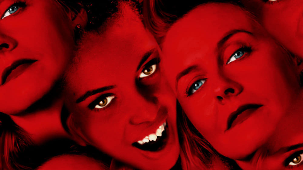 Red tinted collage of women's faces, one with vampire teeth