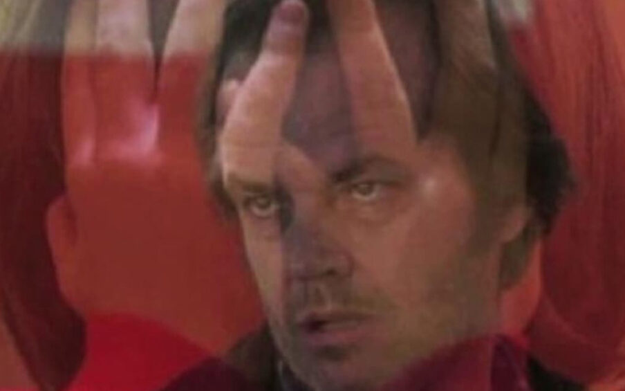 Image of Jack Nicholson's face in the Shining laid over an image of a child covering their eyes