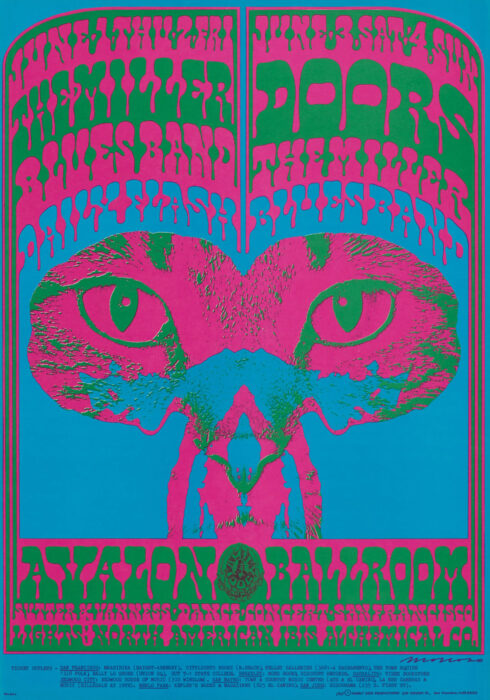 Psychedelic poster with blue background and pink and green foreground.