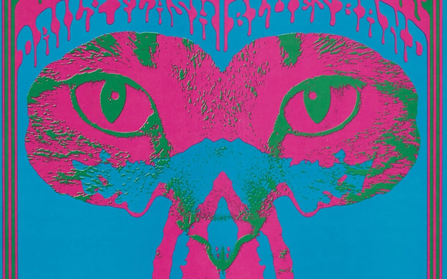 Psychedelic poster with blue background and pink and green foreground.