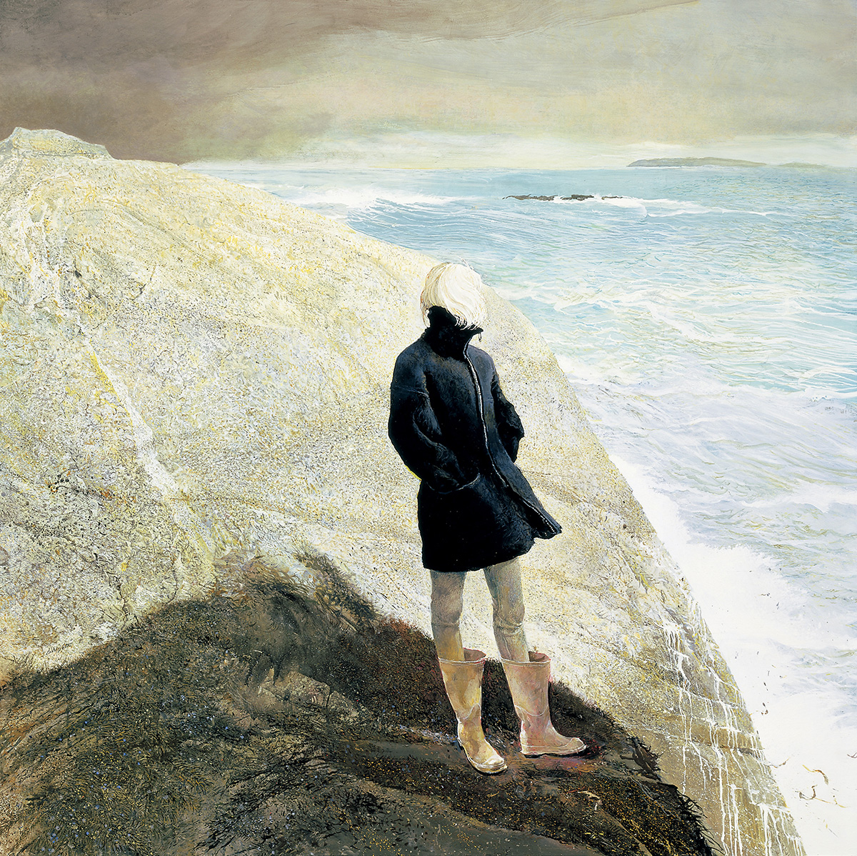 Painting of a woman wearing a rain coat and rain boots standing on rocks facing the ocean.