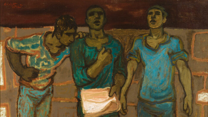 Painting of three Black men standing and looking at a newspaper
