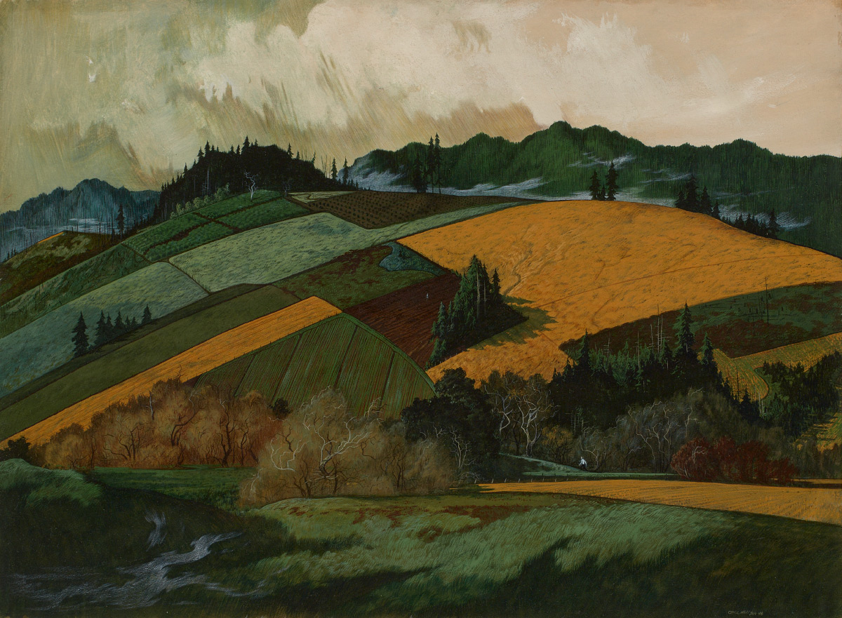 Painting of a green hillsides with farming plots
