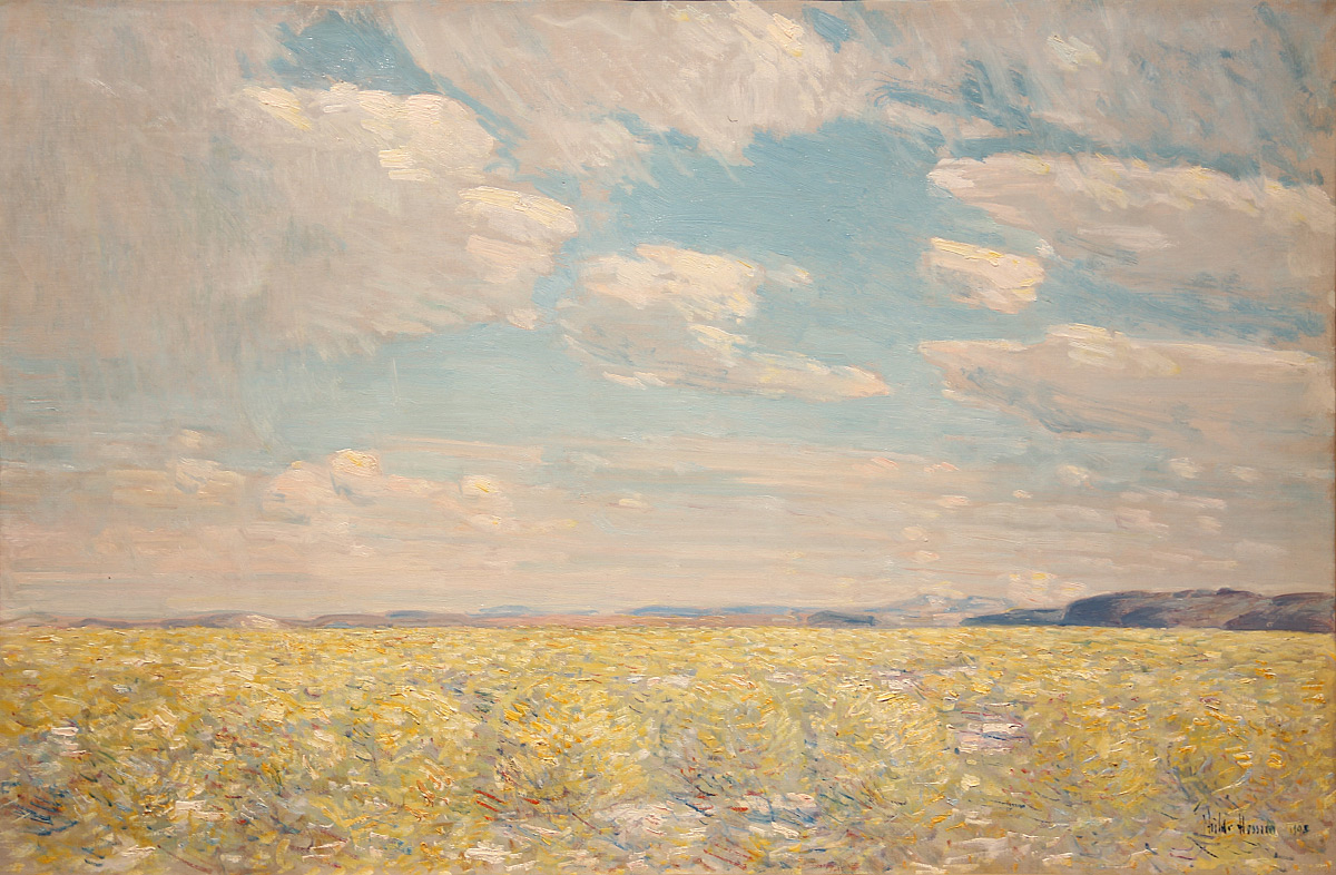 Painting of a desert landscape with a blue sky and clouds with mountains in the background
