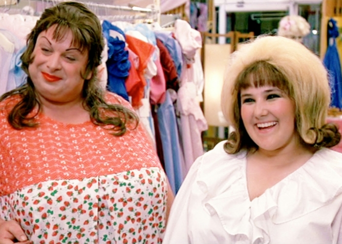 Film still from movie Hairspray, of Divine and Ricki Lake smiling