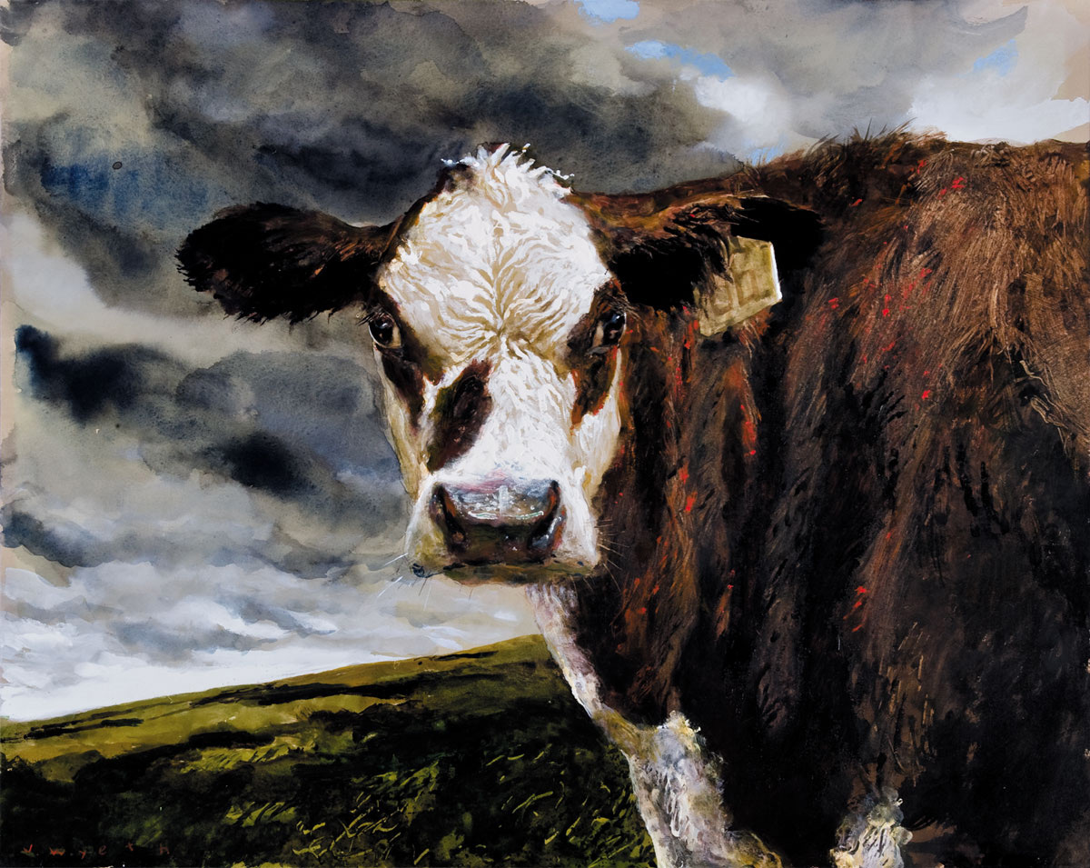 Painting of a cow standing in front of a stormy sky facing the viewer