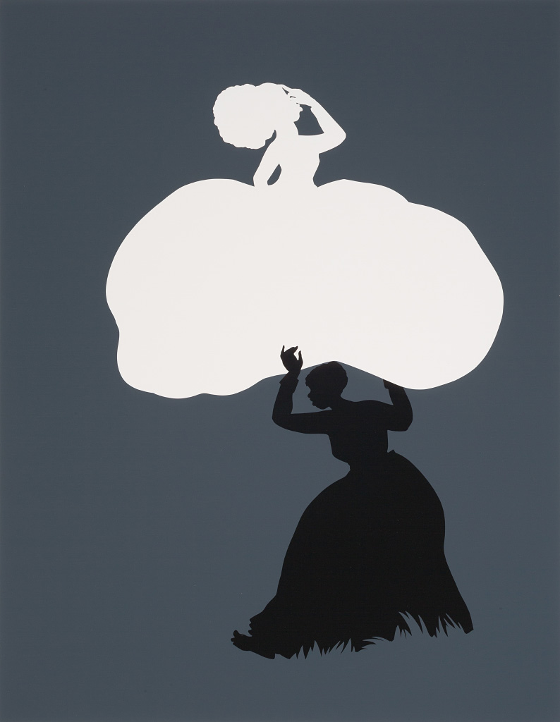 Black silhouette of a Black woman in a maid's outfit and headwrap holding up the white silhouette of a woman in a fancy dress and hairstyle