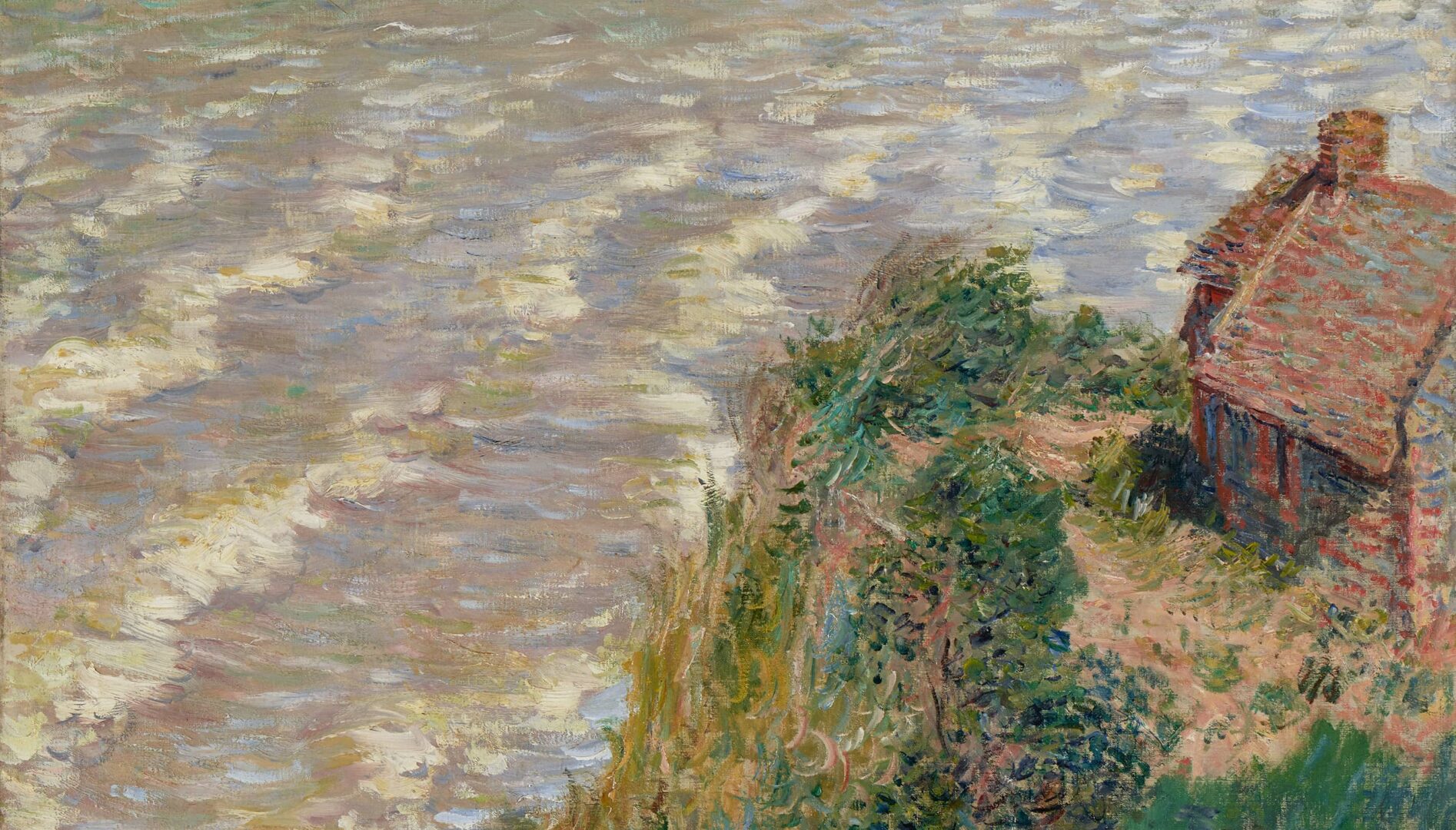 Painting in the impressionist style with a house in front of a body of water.