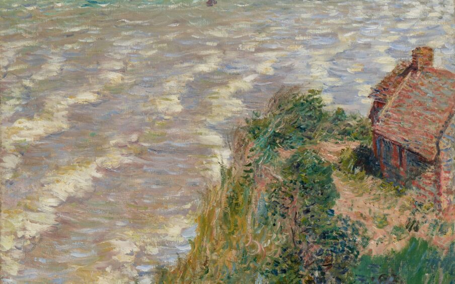 Painting in the impressionist style with a house in front of a body of water.