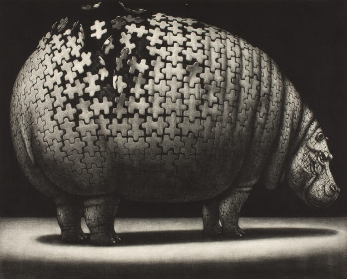 Print of a hippo whose middle is disintegrating into jigsaw puzzle pieces