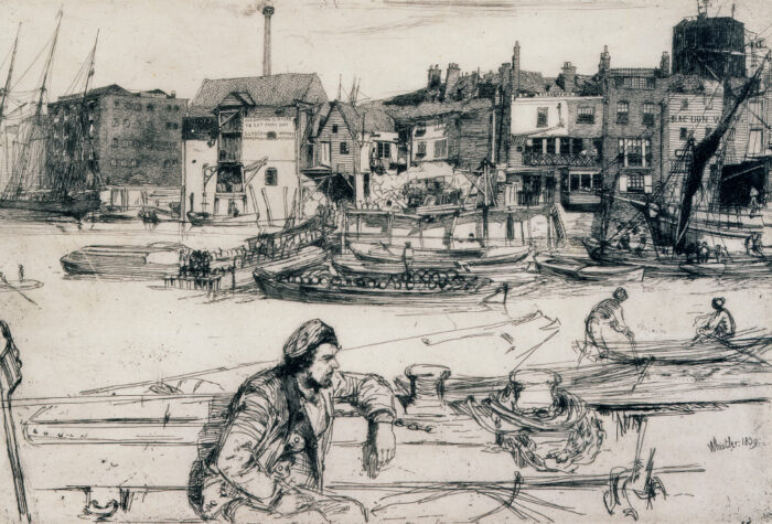 Black etching of a scene of boats, buildings, and fishermen on a wharf